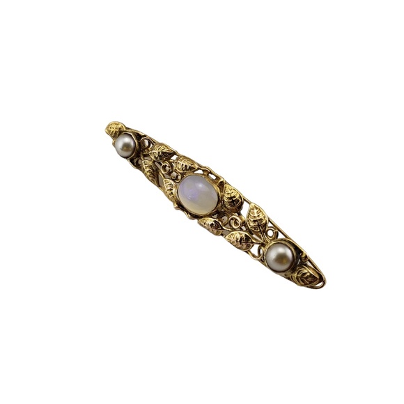 Vintage 10 Karat Yellow Gold Moonstone and Pearl Brooch/Pin #13333 - Picture 3 of 7